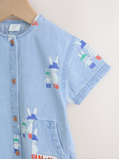 Blue Denim Rabbit Print Short Sleeve Baby Romper (0mths-3yrs) - Size Up to 1 Month (56cm)