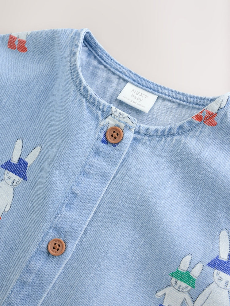 Blue Denim Rabbit Print Short Sleeve Baby Romper (0mths-3yrs) - Size Up to 1 Month (56cm)
