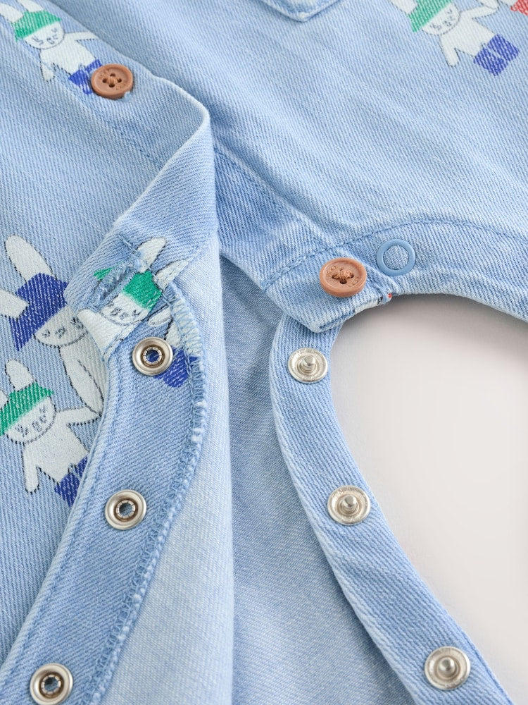 Blue Denim Rabbit Print Short Sleeve Baby Romper (0mths-3yrs) - Size Up to 1 Month (56cm)