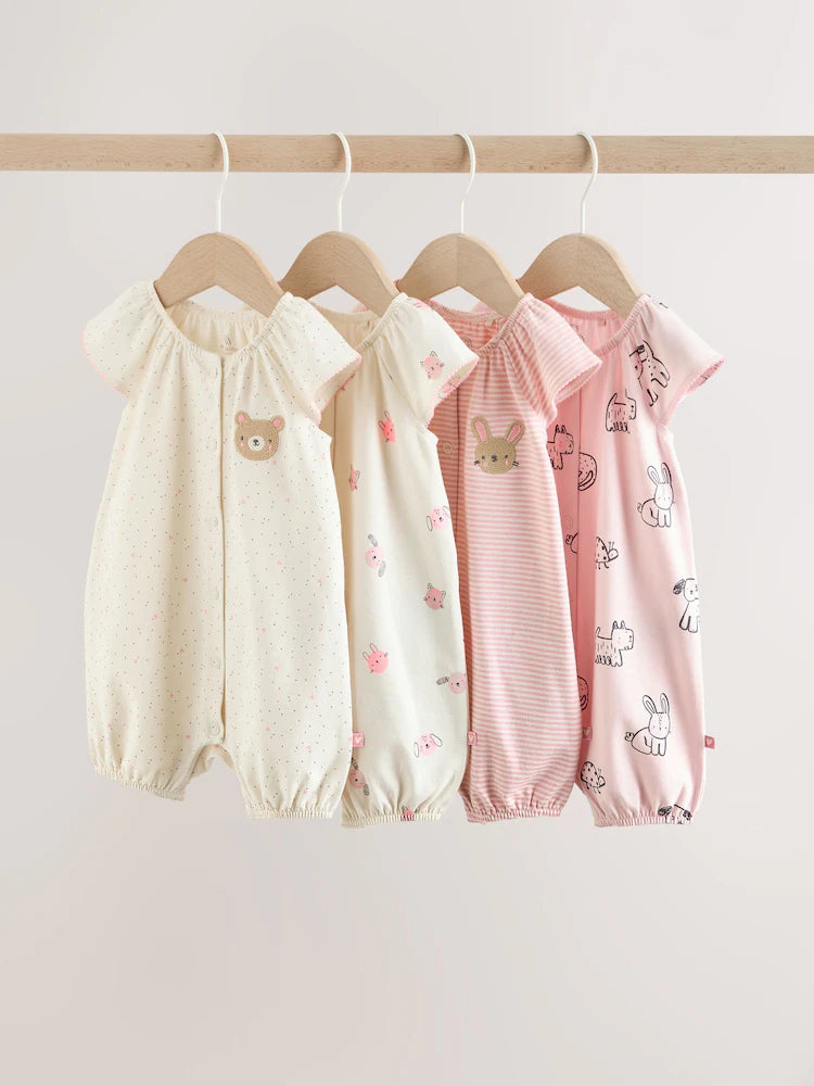 Pink Character All Over Printed Button Through Jersey Baby Rompers 4 Pack