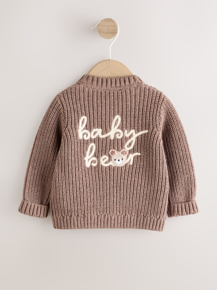 Brown Baby Bear Knitted Embroidered Baby Cardigan - Size 50cm (First Size) - Brown Baby Bear
