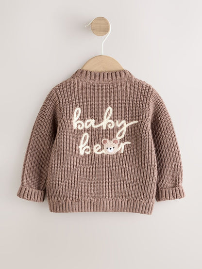 Brown Baby Bear Knitted Embroidered Baby Cardigan - Size 50cm (First Size) - Brown Baby Bear