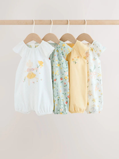Yellow and Blue Floral Fairy Mouse 4 Pack Jersey Baby Rompers 4 Pack