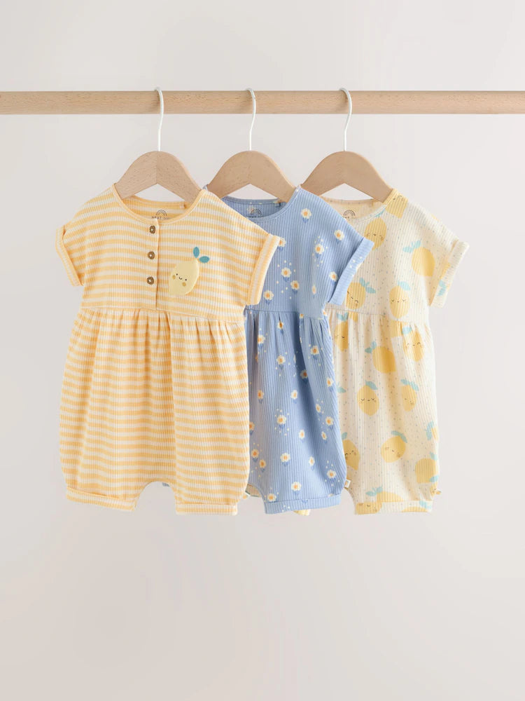 Blue and Lemon Printed Button T Shirt Jersey 3 Pack Baby Rompers