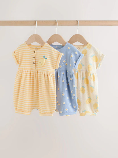 Blue and Lemon Printed Button T Shirt Jersey 3 Pack Baby Rompers