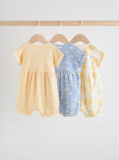 Blue and Lemon Printed Button T Shirt Jersey 3 Pack Baby Rompers