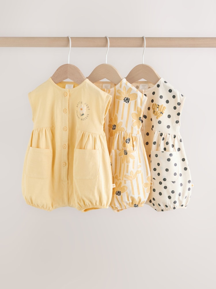 Yellow Floral Button Through Button Through Baby Rompers 3 Pack - Yellow Floral Button Through / 12-18 Months (80-86cm)