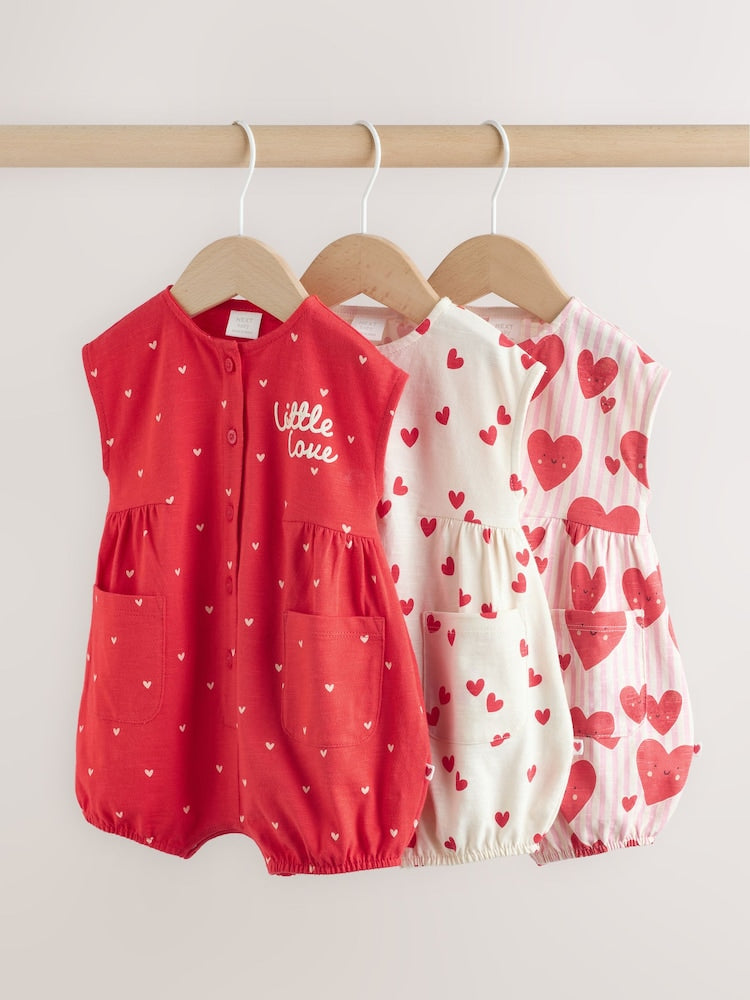 Red Heart Printed Button Through Button Through Baby Rompers 3 Pack