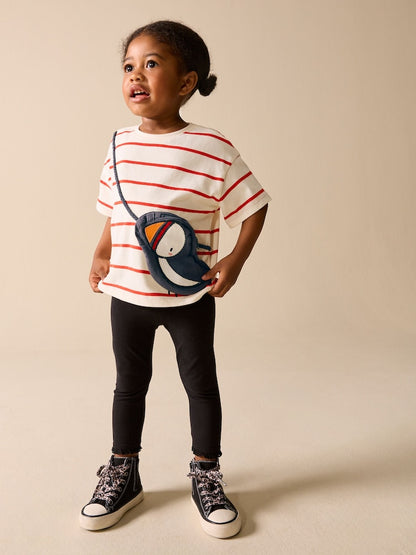 Ecru/Red Stripe Puffin Short Sleeve Bag T-Shirt (3mths-7yrs) - Ecru/Red Stripe Puffin / 12-18 Months (80-86cm)