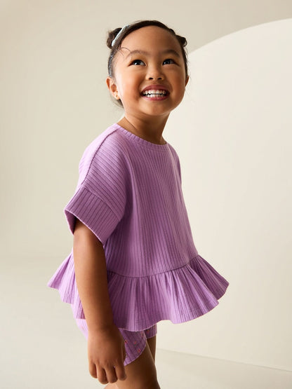 Lilac Purple Short Sleeve Ribbed Top and Shorts Set (3mths-7yrs)