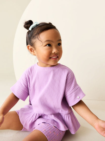 Lilac Purple Short Sleeve Ribbed Top and Shorts Set (3mths-7yrs)