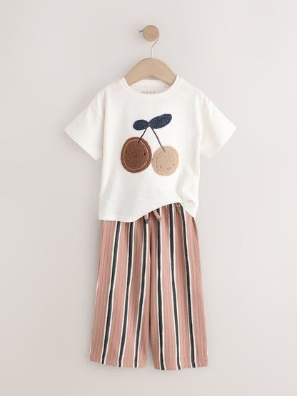 Ecru/ Brown Cherry Short Sleeve T-Shirt and Barrel Trousers Set (3mths-7yrs)