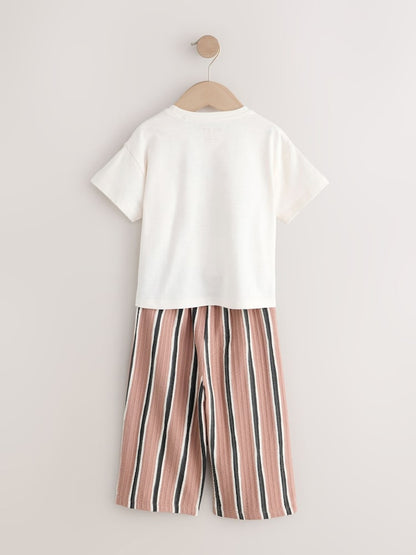 Ecru/ Brown Cherry Short Sleeve T-Shirt and Barrel Trousers Set (3mths-7yrs)