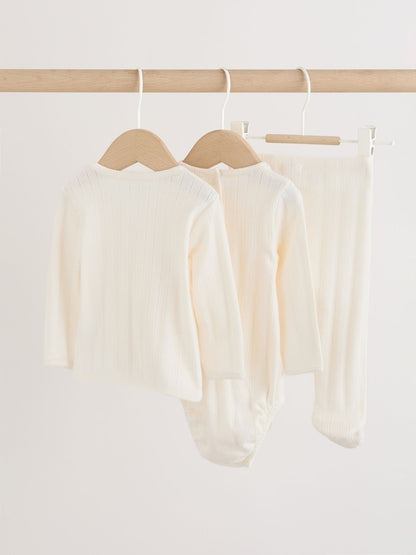 Ecru Pointelle Bodysuit Leggings And Cardigan Baby Set 3 Piece (0-9mths) - Size First Size (50cm)