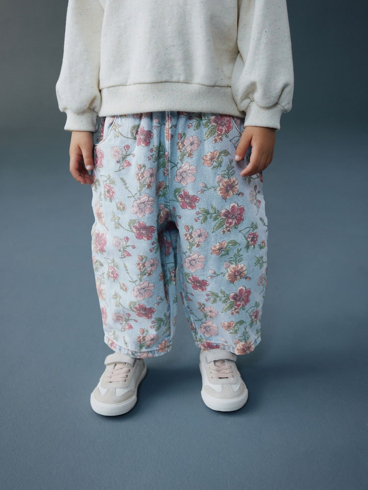 Blue Floral Print Pullon Barrel Jeans (3mths-7yrs) - Blue Floral Print / 12-18 Months (80-86cm)
