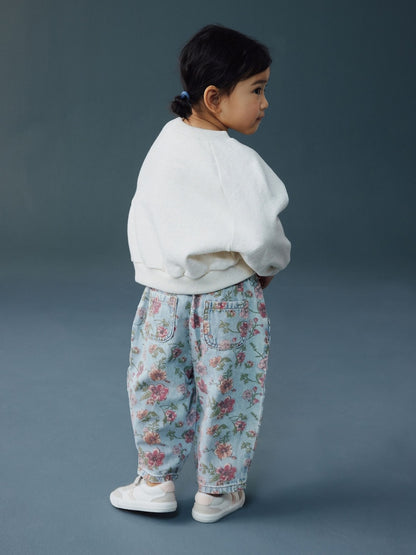 Blue Floral Print Pullon Barrel Jeans (3mths-7yrs)