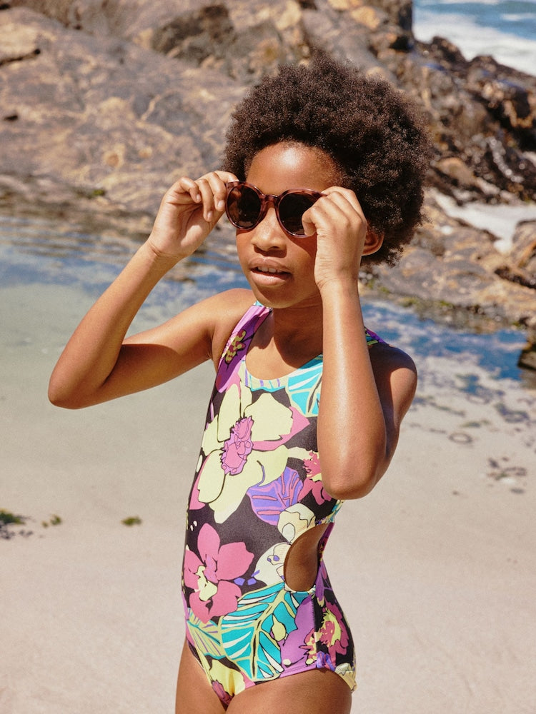 Black Tropical Cutout Swimsuit (3-16yrs)