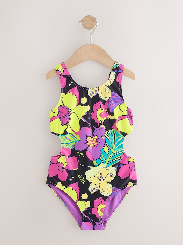 Black Tropical Cutout Swimsuit (3-16yrs)
