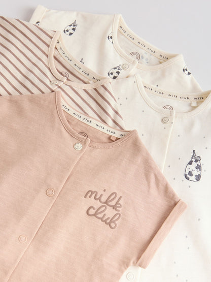 Neutral "Milk Club" Embroidered Baby Jersey Rompers 4 Pack