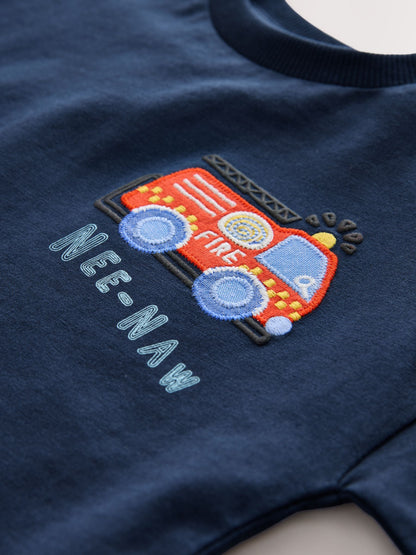 Navy Blue Fire Engine Short Sleeve Appliqué T-Shirt (3mths-7yrs) - Size 3-6 Months (62-68cm)