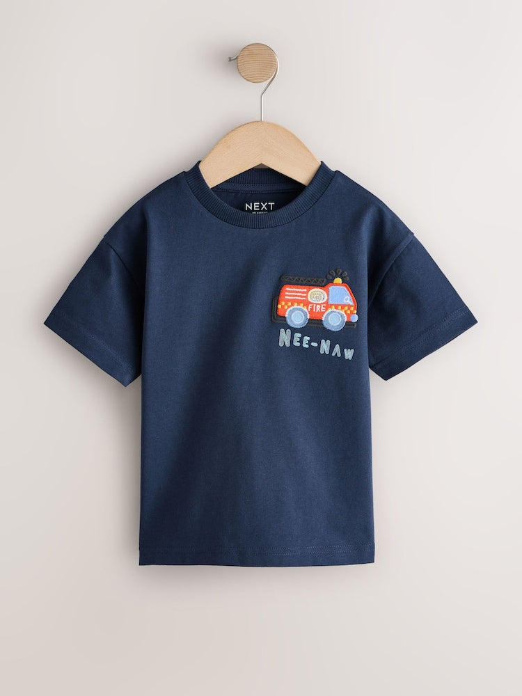 Navy Blue Fire Engine Short Sleeve Appliqué T-Shirt (3mths-7yrs) - Navy Blue Fire Engine / 12-18 Months (80-86cm)