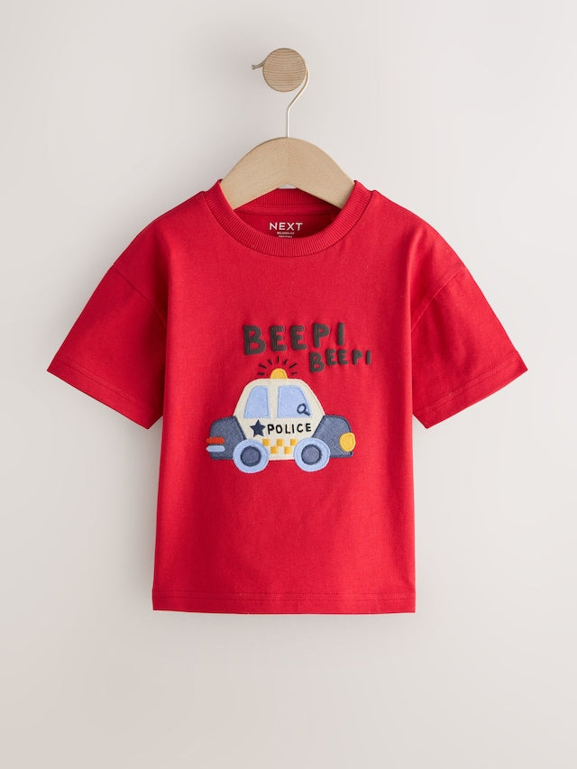Red Police Car Short Sleeve Appliqué T-Shirt (3mths-7yrs) - Size 3-6 Months (62-68cm)