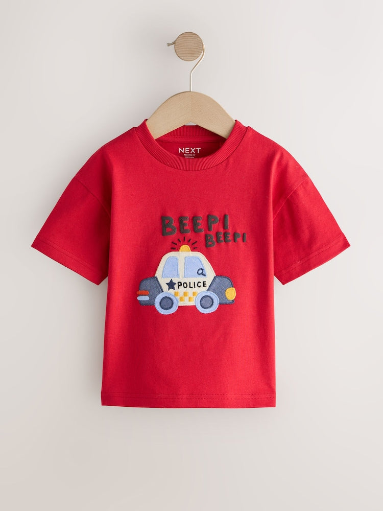 Red Police Car Short Sleeve Appliqué T-Shirt (3mths-7yrs) - Size 3-6 Months (62-68cm)