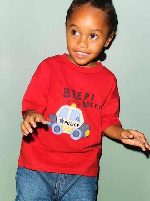 Red Police Car Short Sleeve Appliqué T-Shirt (3mths-7yrs) - Size 3-6 Months (62-68cm)