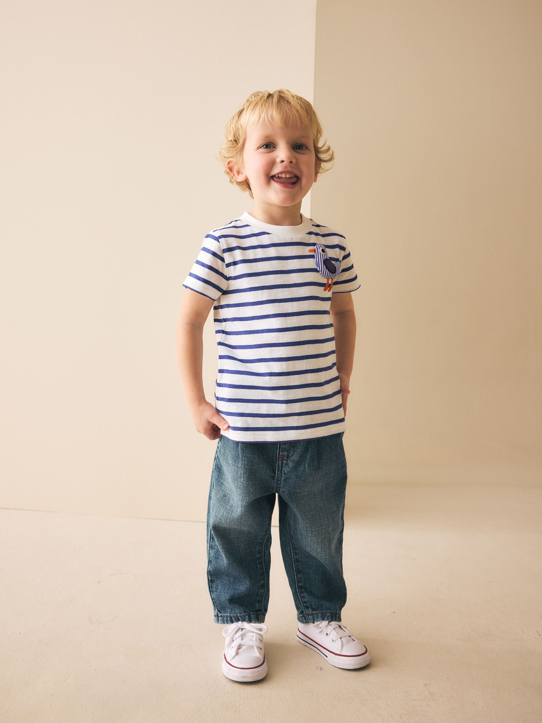 White/Blue Stripe Seagull Short Sleeve 3D Padded T-Shirt (3mths-7yrs) - Size 3-6 Months (62-68cm)