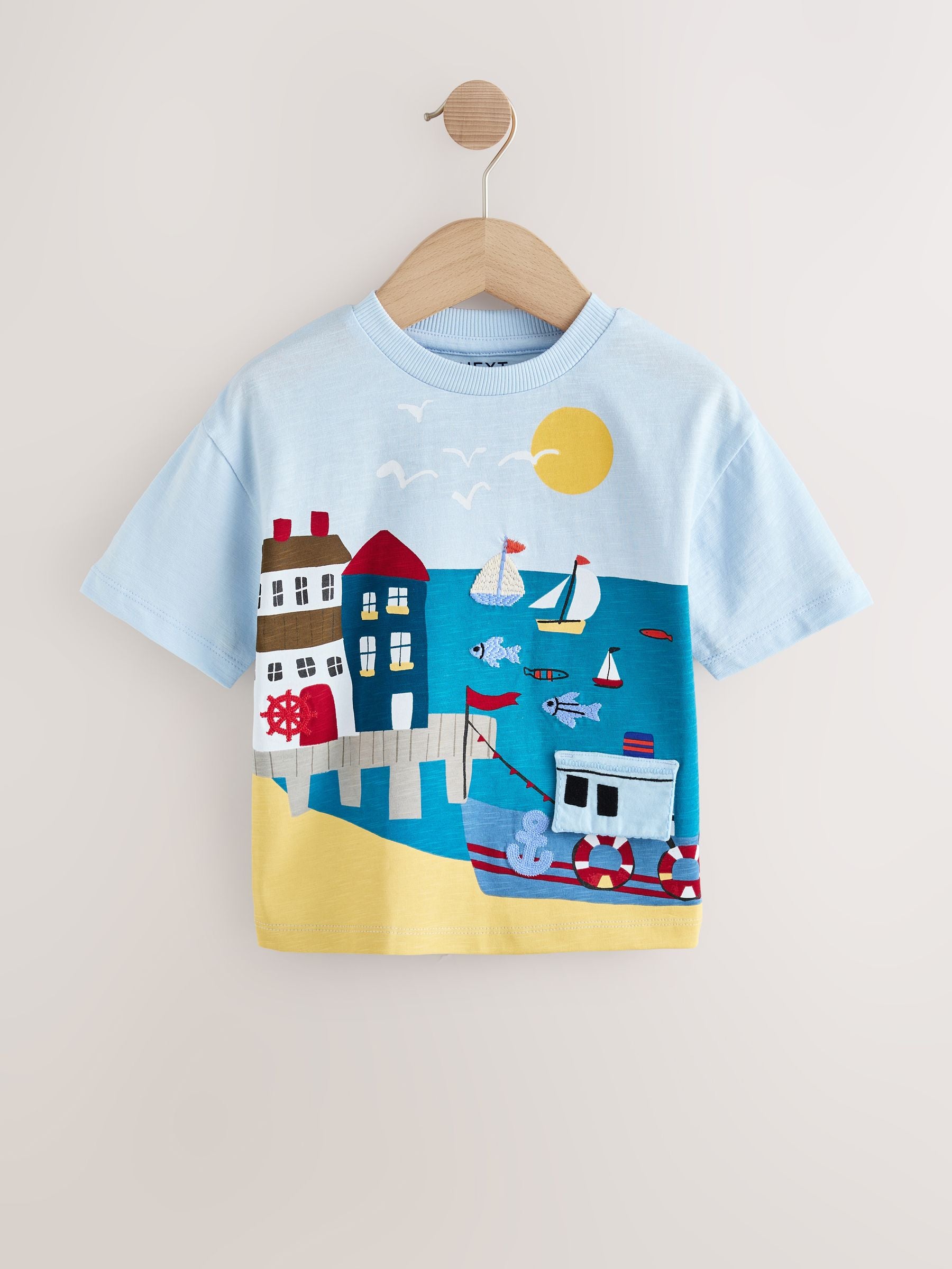 Blue Seaside Short Sleeve Appliqué T-Shirt (3mths-7yrs) - Size 3-6 Months (62-68cm) - Default 1