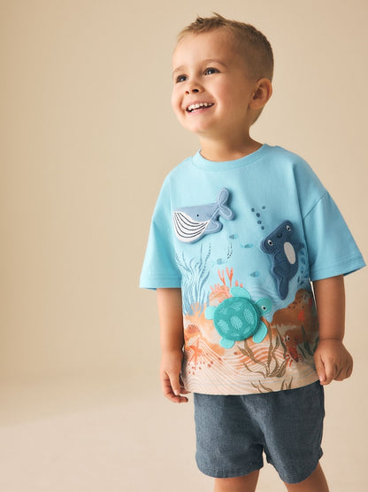 Blue Sea Animal Short Sleeve 3D Padded T-Shirt (3mths-7yrs) - Blue Sea Animal / 12-18 Months (80-86cm)