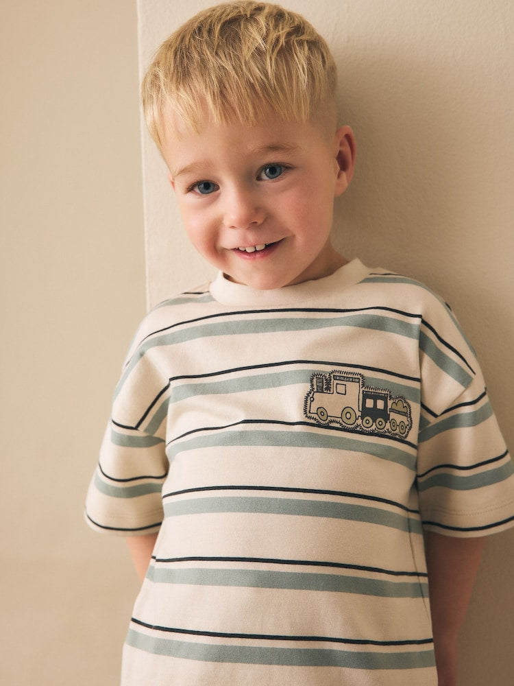 Blue/Ecru Train Short Sleeve Stripe T-Shirt (3mths-7yrs) (3mths-7yrs) - Blue/Ecru Train / 12-18 Months (80-86cm)