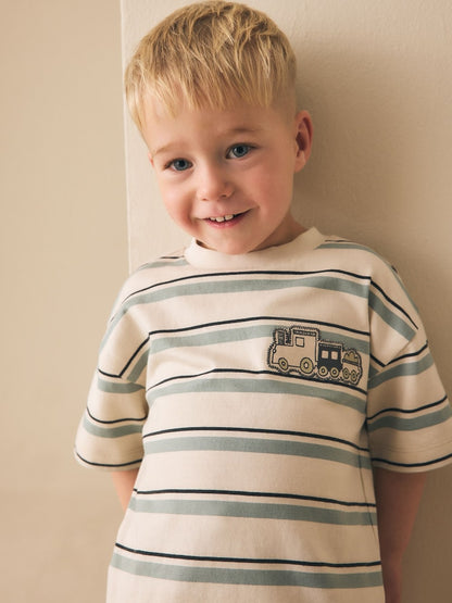 Blue/Ecru Train Short Sleeve Stripe T-Shirt (3mths-7yrs) (3mths-7yrs) - Blue/Ecru Train / 12-18 Months (80-86cm)