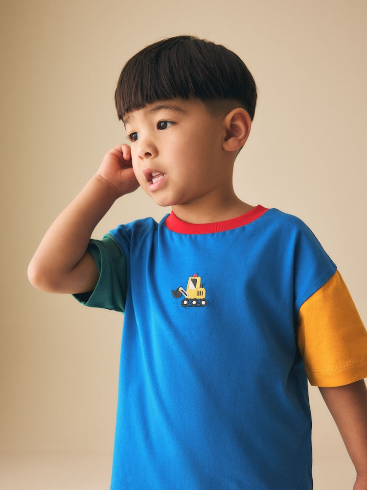 Blue/Green/Yellow Digger Short Sleeve Colourblock T-Shirt (3mths-7yrs) (3mths-7yrs)