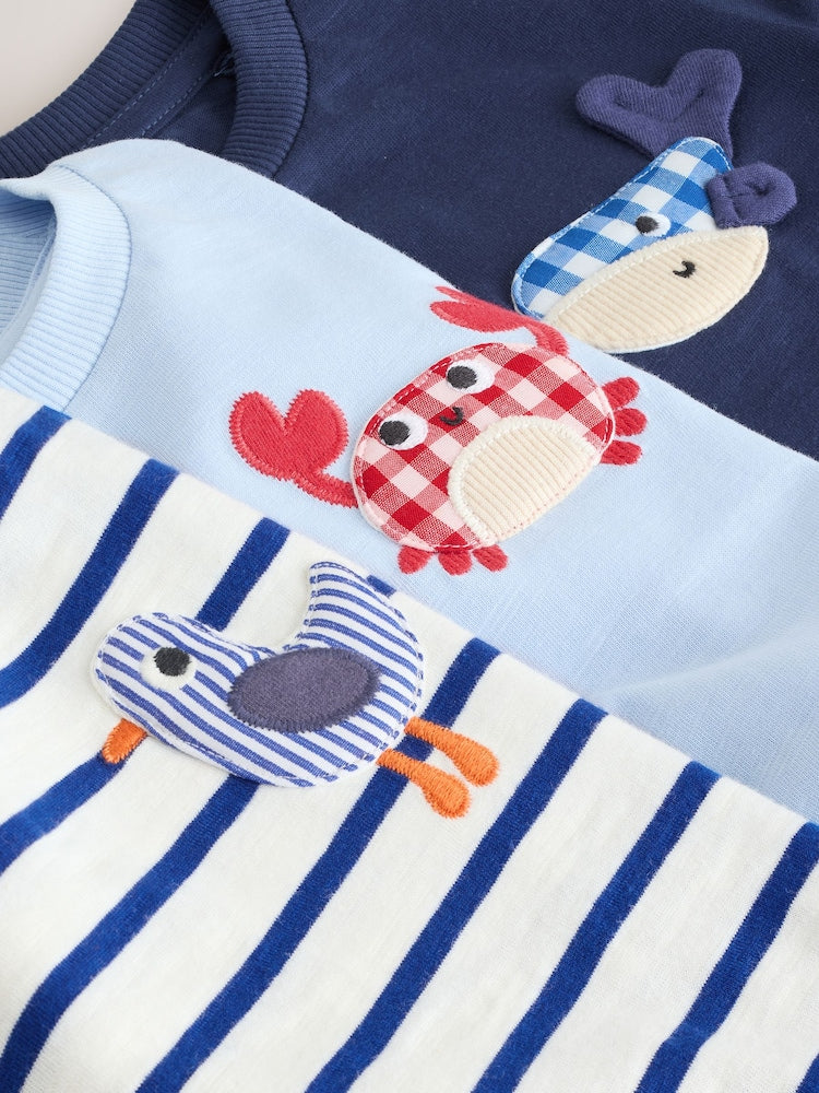 Navy Sea Animal Short Sleeve Appliqué T-Shirts 3 Pack (3mths-7yrs)