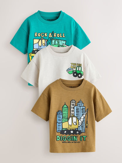 Teal Blue Digger Short Sleeve Graphic T-Shirts 3 Pack (3mths-7yrs) - Teal Blue Digger / 12-18 Months (80-86cm)
