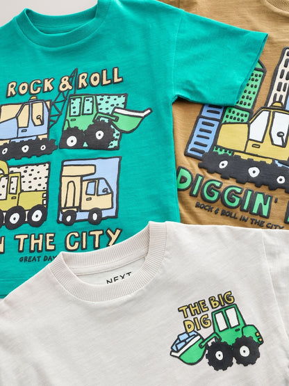 Teal Blue Digger Short Sleeve Graphic T-Shirts 3 Pack (3mths-7yrs)