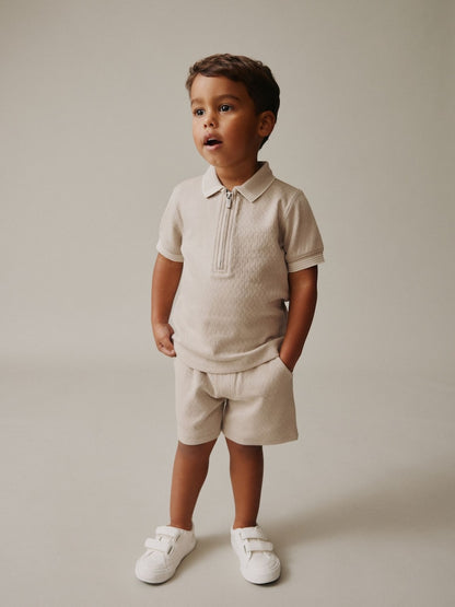 Neutral Zip Neck Short Sleeve Polo Shirt And Shorts Set (3mths-7yrs) - Neutral Zip Neck / 12-18 Months (80-86cm)