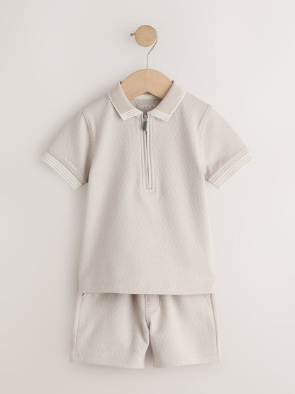 Neutral Zip Neck Short Sleeve Polo Shirt And Shorts Set (3mths-7yrs)
