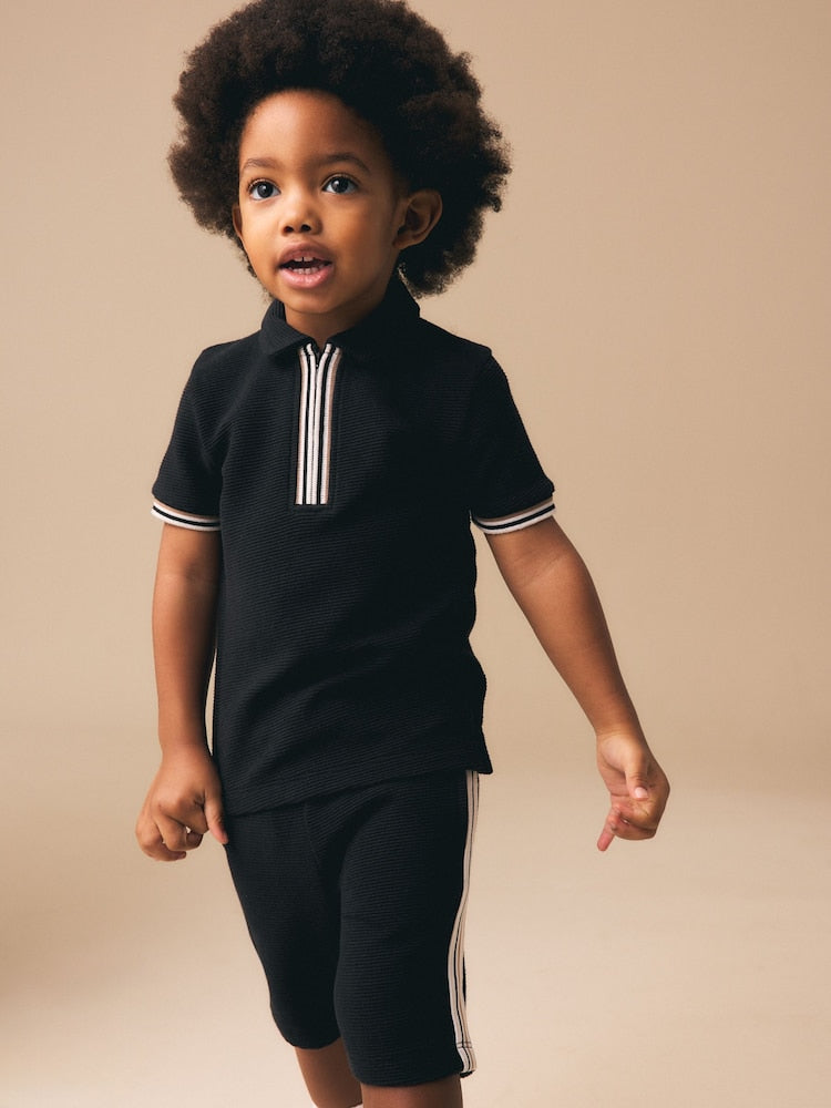 Black Zip Neck Short Sleeve Polo Shirt And Shorts Set (3mths-7yrs)