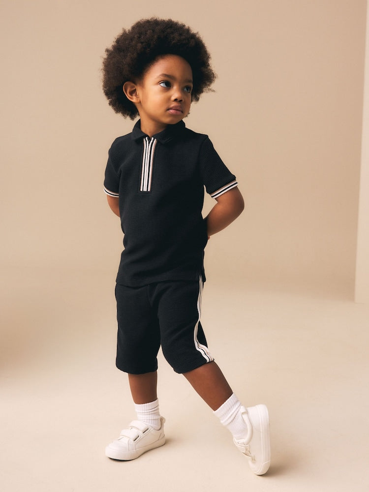 Black Zip Neck Short Sleeve Polo Shirt And Shorts Set (3mths-7yrs)