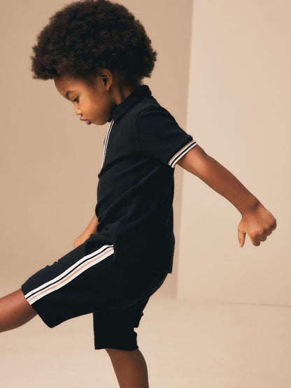 Black Zip Neck Short Sleeve Polo Shirt And Shorts Set (3mths-7yrs)