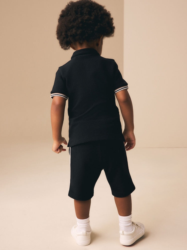 Black Zip Neck Short Sleeve Polo Shirt And Shorts Set (3mths-7yrs)