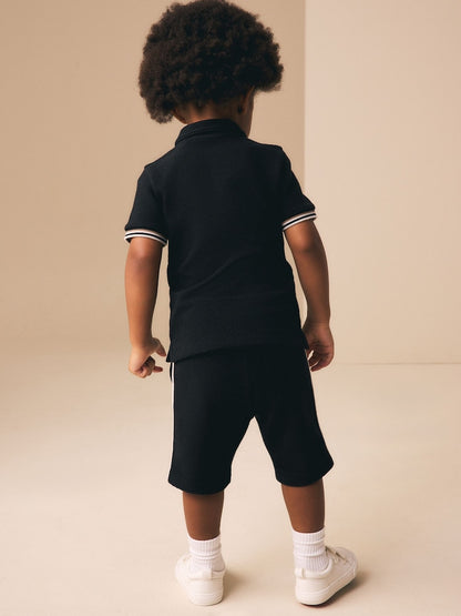 Black Zip Neck Short Sleeve Polo Shirt And Shorts Set (3mths-7yrs)