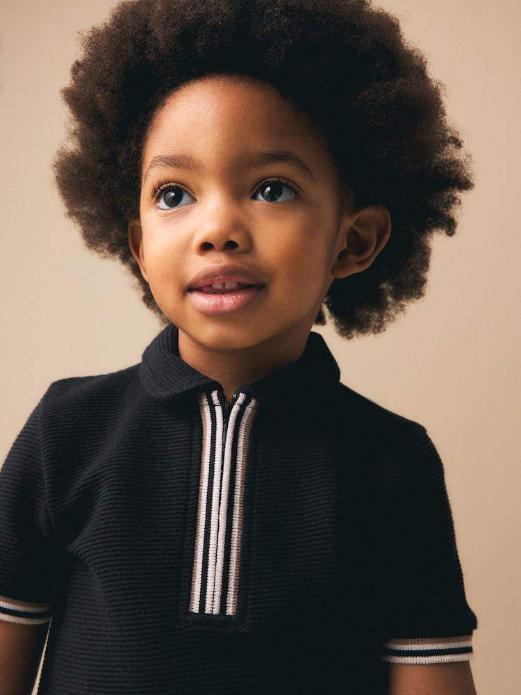 Black Zip Neck Short Sleeve Polo Shirt And Shorts Set (3mths-7yrs)
