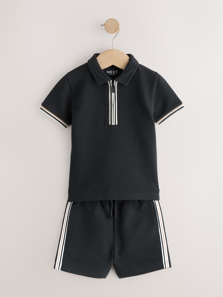 Black Zip Neck Short Sleeve Polo Shirt And Shorts Set (3mths-7yrs)