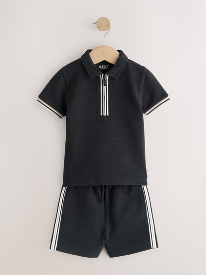 Black Zip Neck Short Sleeve Polo Shirt And Shorts Set (3mths-7yrs)