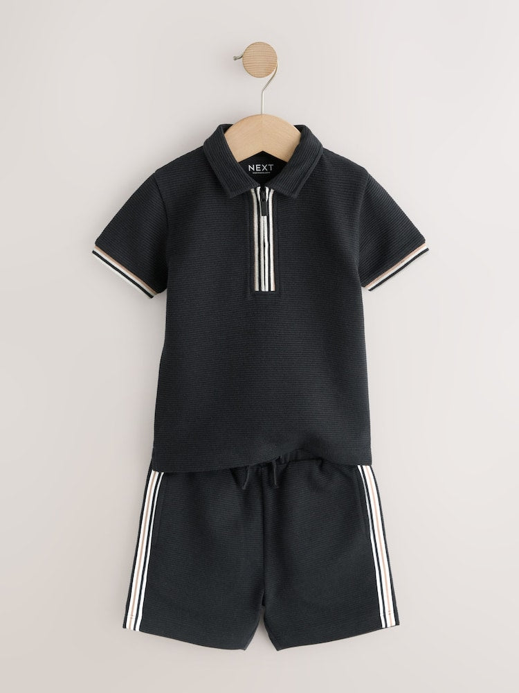Black Zip Neck Short Sleeve Polo Shirt And Shorts Set (3mths-7yrs)