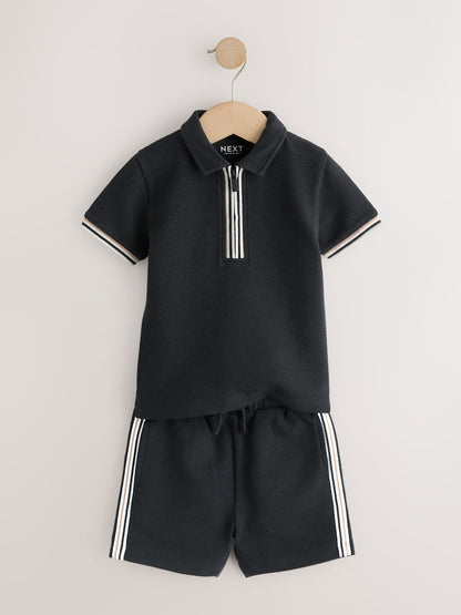 Black Zip Neck Short Sleeve Polo Shirt And Shorts Set (3mths-7yrs)