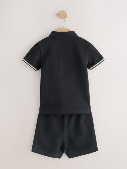 Black Zip Neck Short Sleeve Polo Shirt And Shorts Set (3mths-7yrs)